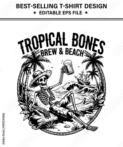 Skeleton pirate relaxing on tropical beach with beer and palm trees in vintage illustration style isolated on transparent background