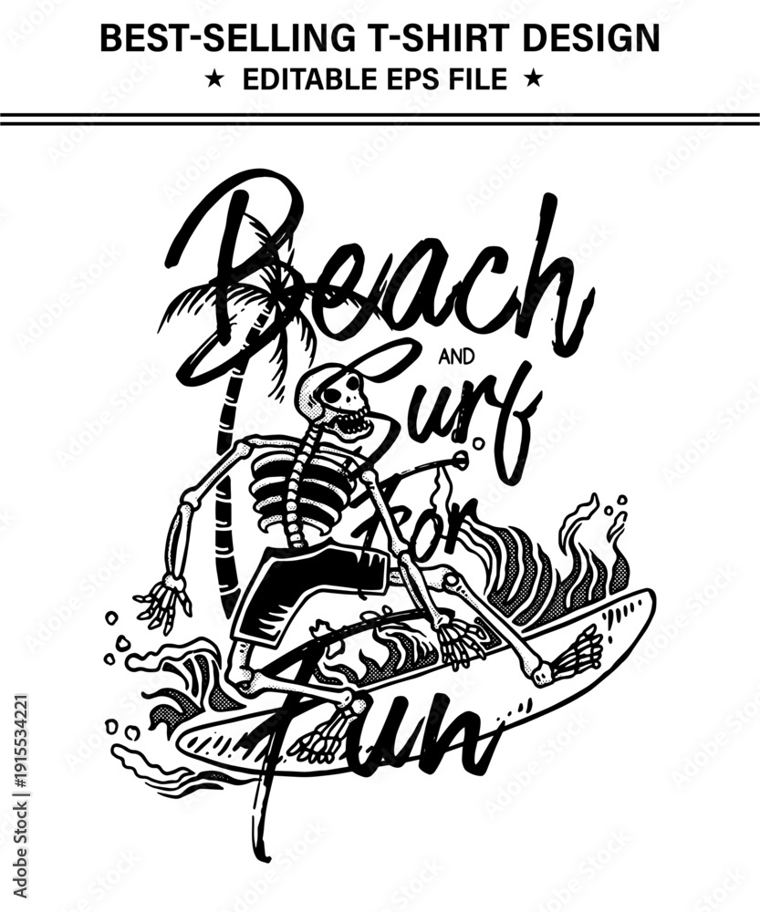 Fototapeta premium Skeleton riding surfboard with palm tree on isolated background for beach and surf fun design