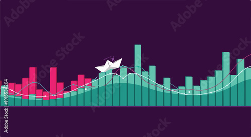 Abstract paper boat sailing on a fluctuating financial stock market graph with rising and falling trends