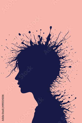 Boy silhouette with exploding paint stain around head symbolizing creativity and imagination on soft pink background, abstract colorful artistic illustration