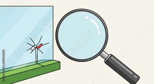 Magnifying glass examining a tiny insect on a green surface next to a transparent barrier