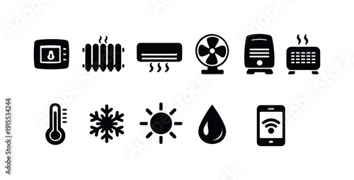 Home appliances solid icon set. Kitchen, laundry, heating, cooling solid icons