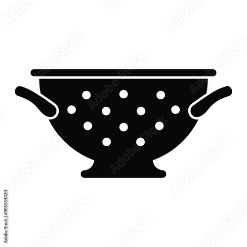 Simple black silhouette icon of a kitchen colander or strainer with handles, isolated on a white background for cooking concepts.