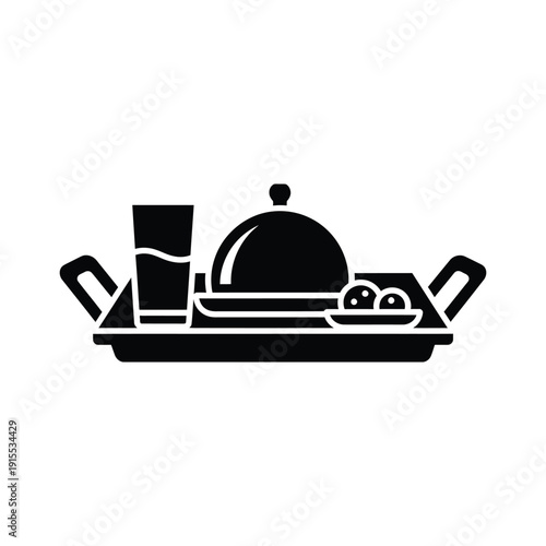 Minimalist black and white icon representing room service food tray with cloche, drink, and small side dish, perfect for hospitality apps.