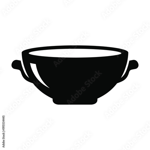 Minimalist black silhouette icon of a wide cooking wok or deep bowl with two side handles, isolated on white background for cooking concepts.