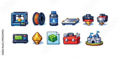 3d printer icon set with machine tools and filament in vibrant colors