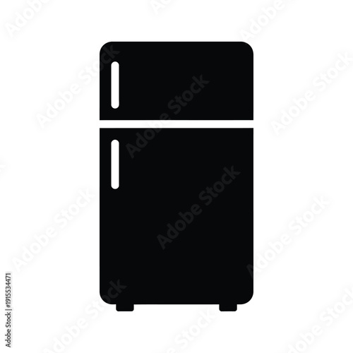 Minimalist black and white icon silhouette of a two-door refrigerator with freezer compartment, isolated on white background for design.