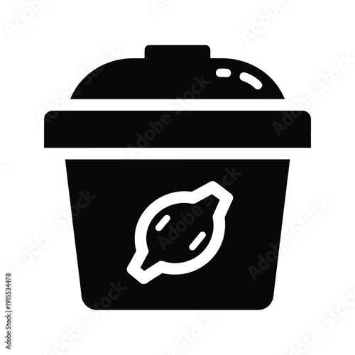Black and white icon silhouette of a compost bin or waste container featuring a stylized organic waste symbol on the front panel.