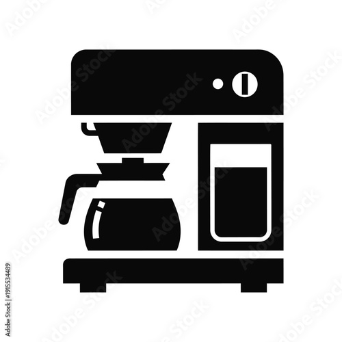 Minimalist black and white icon of a drip coffee maker with carafe and water reservoir, perfect for web or app interface design.