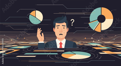 Confused businessman grappling with complex data analytics and overwhelming business intelligence visuals; financial analysis challenges and digital strategy dilemma.
