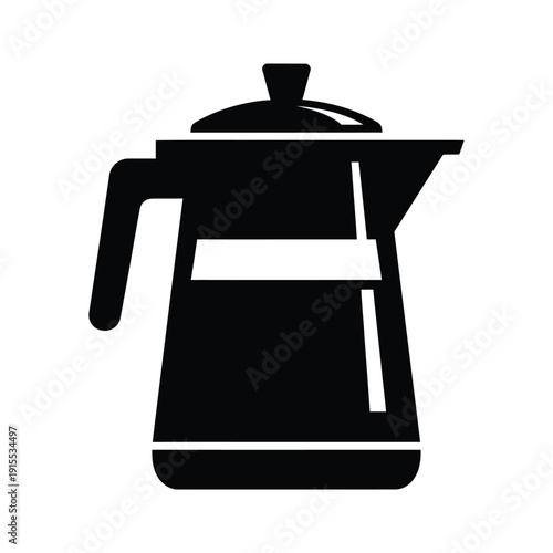 Minimalist black silhouette icon of a coffee percolator or kettle with a handle and spout, isolated on white background for design.