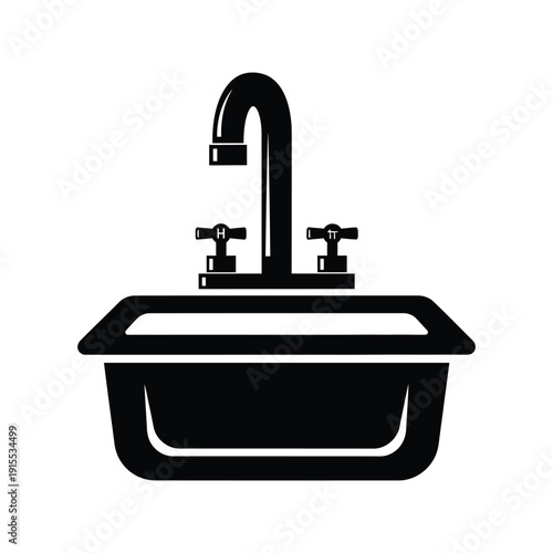 Simple black and white icon graphic of a kitchen or bathroom sink basin with a curved faucet and separate hot and cold water taps.