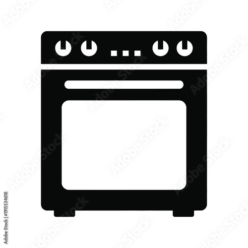 Black silhouette icon of a modern kitchen oven or electric range cooker appliance, featuring control knobs and a door, isolated on a clean white background for graphic design and UI elements.