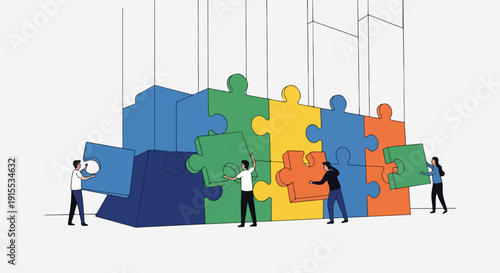 Diverse team of business professionals collaboratively assembling large, colorful jigsaw puzzle pieces, illustrating teamwork, strategic problem-solving, and successful project completion.