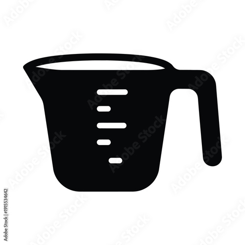 Solid black measuring cup icon with volume markings and handle, symbolizing precise liquid ingredient measurement for cooking, baking, and kitchen applications in a clean, isolated glyph style.