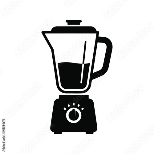 Black silhouette icon of a modern electric kitchen blender with a pitcher containing liquid, featuring a speed control dial on the base, isolated vector graphic for cooking and health apps.