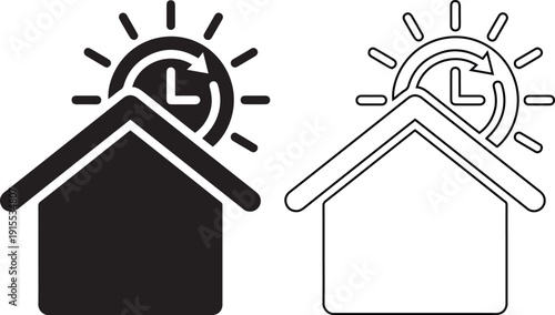 Vector illustration of a house icon with a clock and sun symbol, representing real estate time management, property rental duration, and home services available in silhouette and line art.