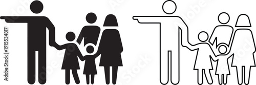 Minimalist vector illustration of a family silhouette and line art icon showing parents with children walking together, featuring a father pointing the way on a white background.