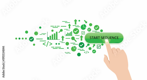 Hand pressing a green button labeled 'Start Sequence' with a stream of green icons representing data, graphs, and technology flowing out