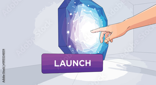 Hand touching a glowing crystal portal with a purple 'LAUNCH' button, symbolizing new beginnings and innovation