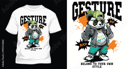 Cool panda rapper character illustration in graphic tee design, with text that says 'gesture belong to your own style'