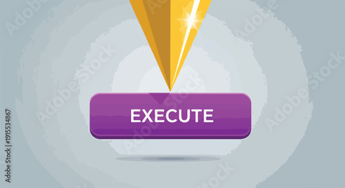 Golden Stylus Pen Touching a Purple Button Labeled 'EXECUTE' on a Soft Gray Background with Circles