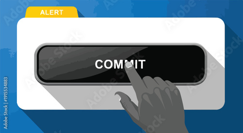 Hand with claws pressing a black button labeled COMMIT on a white alert box with a yellow tab