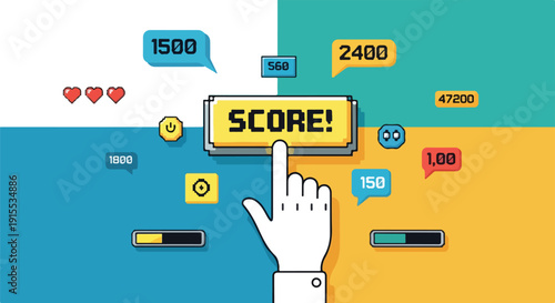 Pixelated score button with hearts and numbers, representing video game success and achievement