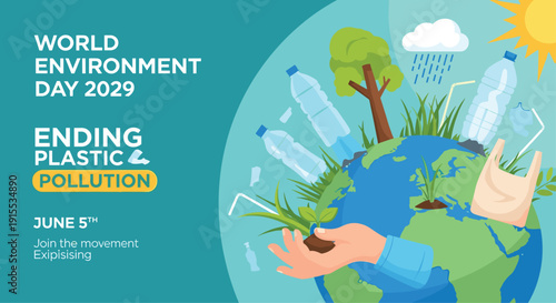 A graphic banner for World Environment Day 2029: Ending Plastic Pollution showing a hand holding a plant and a globe.
