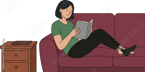 Young woman with prosthetic leg sitting on sofa and reading a book in living room, flat vector illustration