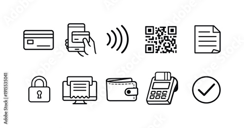 Payment and finance line icon set. Credit card, wallet, digital transaction outline icons