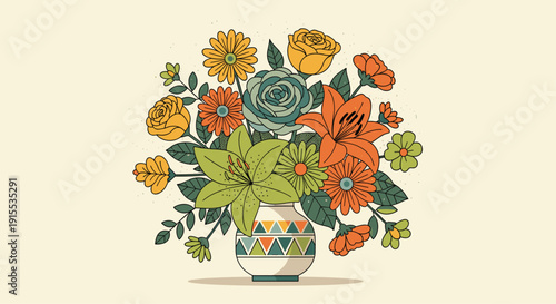 Bright folk-art style illustration of a colorful floral bouquet with various blooms in a geometric patterned vase.