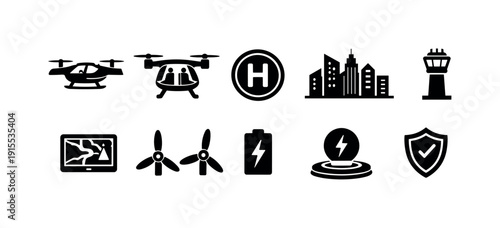 Gardening silhouette icon set. Nature, plant, garden tools symmetric collection