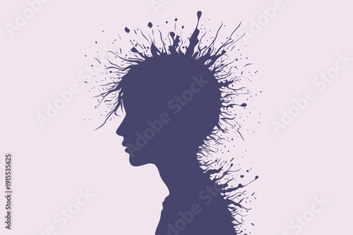 Boy silhouette with paint splatter exploding from head representing creativity, imagination and artistic ideas on purple background, abstract vector design