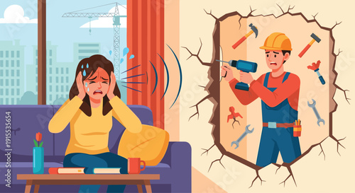 Woman covers her ears in discomfort from loud construction noise as a man drills through a wall in a neighboring apartment.