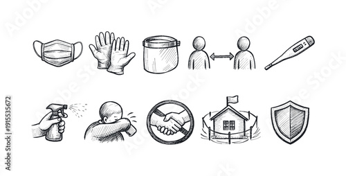 Health and safety chalk icon set. Pandemic prevention outline icons collection