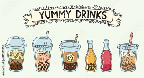 A whimsical banner titled 'YUMMY DRINKS' floats above various bubble teas and bottled beverages.