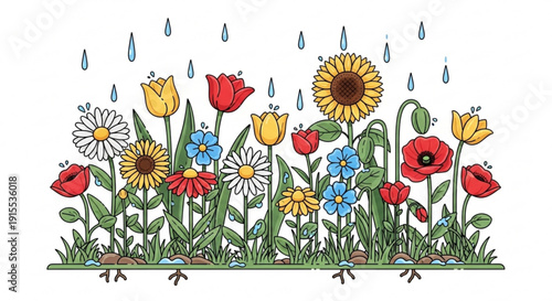 Colorful flowers including tulips sunflowers and daisies in a garden with rain falling