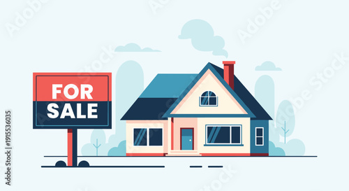 A modern suburban house with a blue roof stands next to a large red and black 'For Sale' sign.