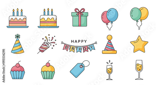 Assortment of birthday party icons with cakes, balloons, hats, confetti, cupcakes, gift box, and champagne flutes.