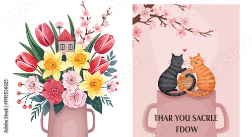 Two heartwarming illustrations: a vibrant spring flower bouquet in a vase and two adorable cats under cherry blossoms.