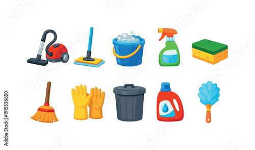 Cleaning 3d icon set. Home maintenance, sanitation tools, household supplies in 3d