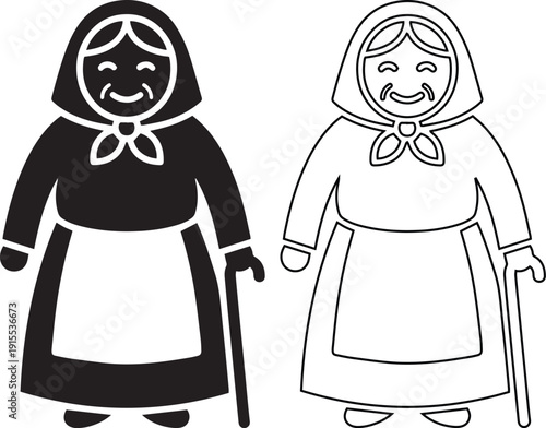 Grandmother vector icon set featuring an elderly woman with a walking stick in silhouette and outline styles, ideal for retirement, pension, senior care, and aging population concepts.