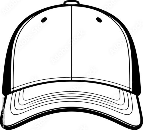 Blank Baseball Cap Front View Minimal Black and White Vector Mockup Isolated on White Background.