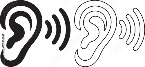 Vector illustration of human ear icons with sound waves in silhouette and outline styles, representing hearing, listening, volume, and audiology health concepts isolated on white.