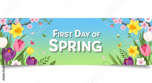 Vibrant spring flowers and greenery banner with 'first day of spring' text on colorful gradient background