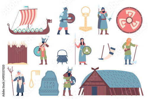 Viking elements. Scandinavia warriors with weapon and helmets, traditional boat drakkar and house. North people and equipment for living, recent vector clipart