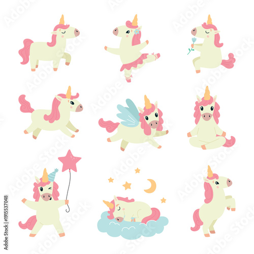 Funny unicorns. Unicorn various poses, cute cartoon magic pony stickers. Fantasy fairytale animal characters, adorable children mascots, classy vector set