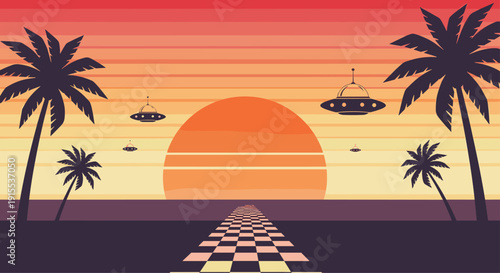 A retro-futuristic landscape features silhouetted palm trees, a large sunset, flying saucers, and a checkered road leading to the horizon.