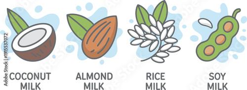 Plant Based Milk Alternatives Set with Coconut Almond Rice and Soy Vector Illustration